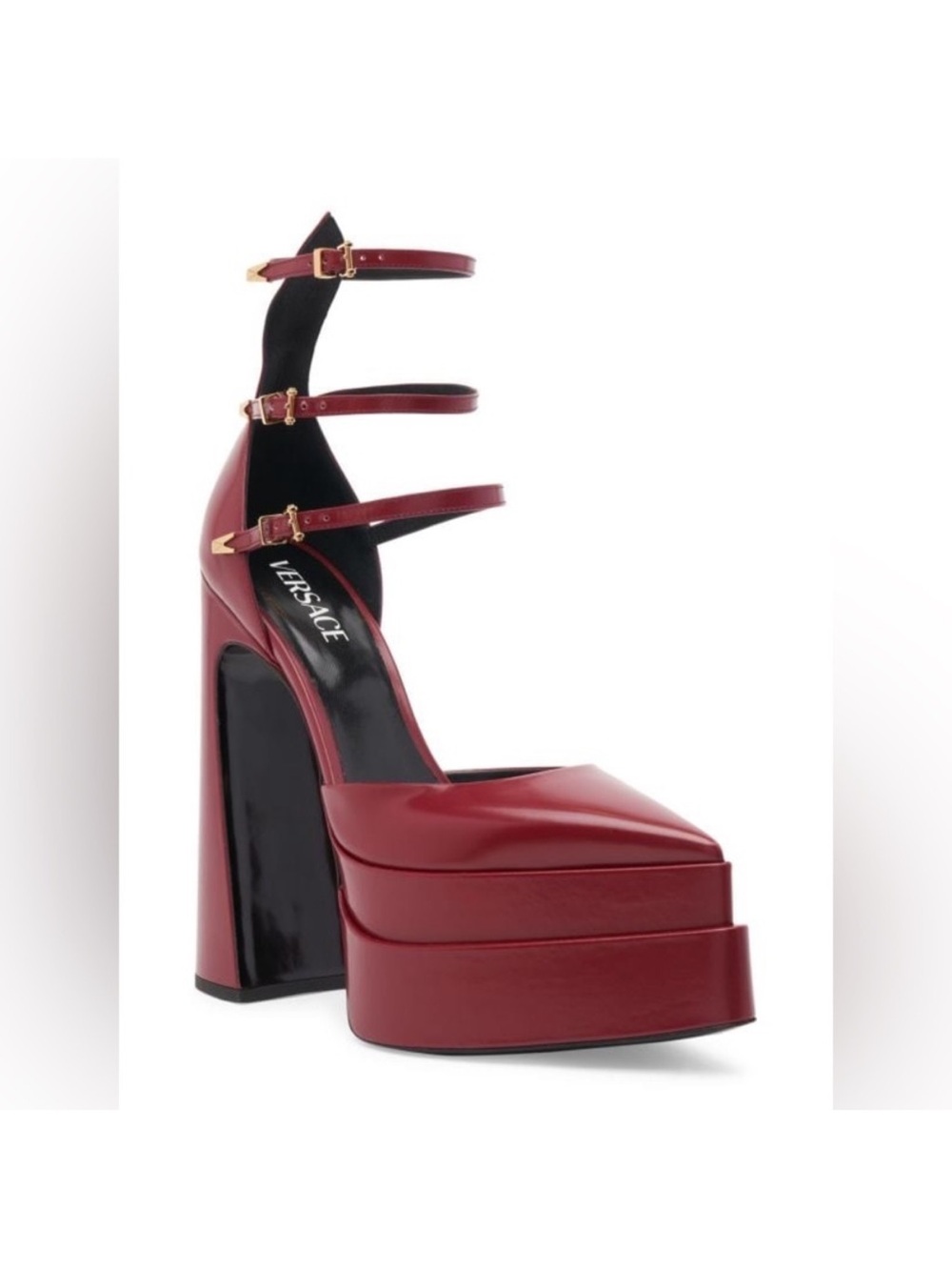 Versace Red Pointed Platform Ankle-Tie Pumps